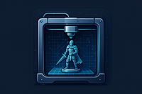 Create a premium flat-style vector icon representing “Technology”.
Design a 3D printer machine printing a miniature figure, highlighted with glowing digital grid lines.
Use sleek, modern gradients with shades of deep blue, silver, and subtle neon accents.
The icon should feel futuristic, precise, and innovative.