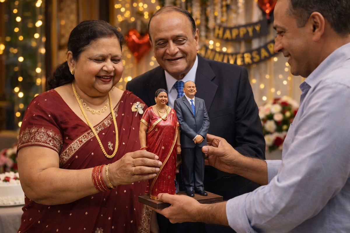 Parents receiving their custom Stature 3D miniature